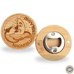 Bieropener met logo | Ronde houten bieropener met magneet