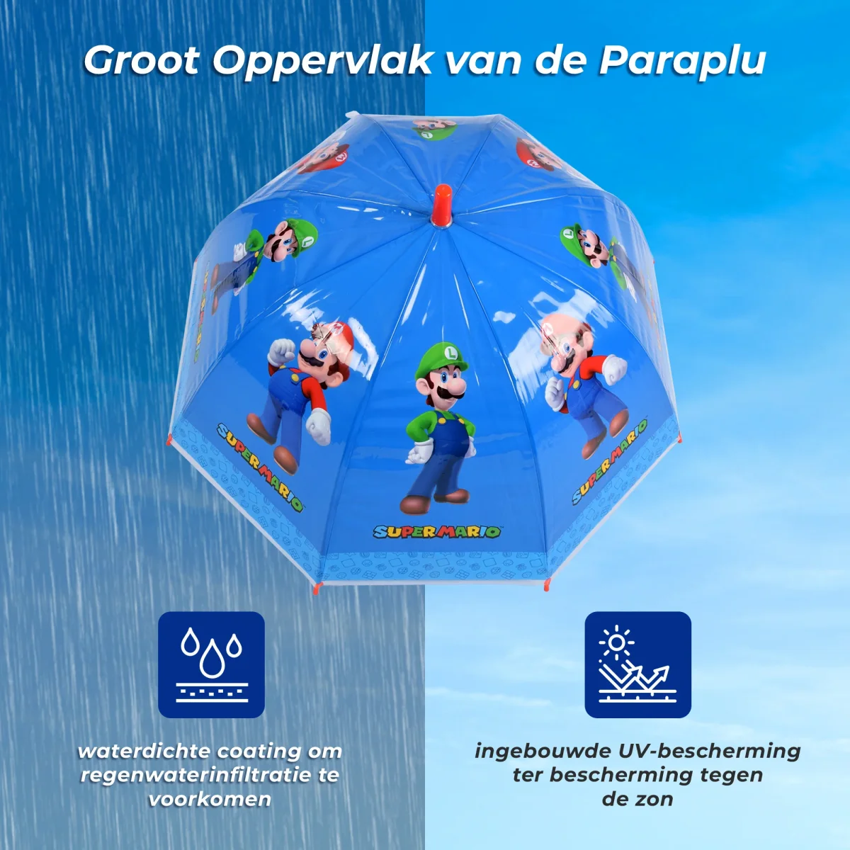Super Mario Kinderparaplu 70cm - Windbestendige Koepelparaplu voor Jongens & Meisjes – Lichtgewicht met Grappige Print van Mario & Luigi - Afbeelding 7